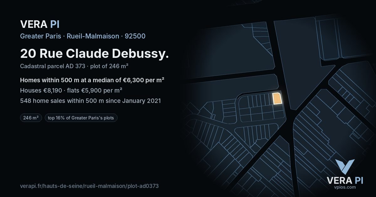 20 Rue Claude Debussy, Rueil-Malmaison at night – the plot lit, the parcels around coloured by the prices near them