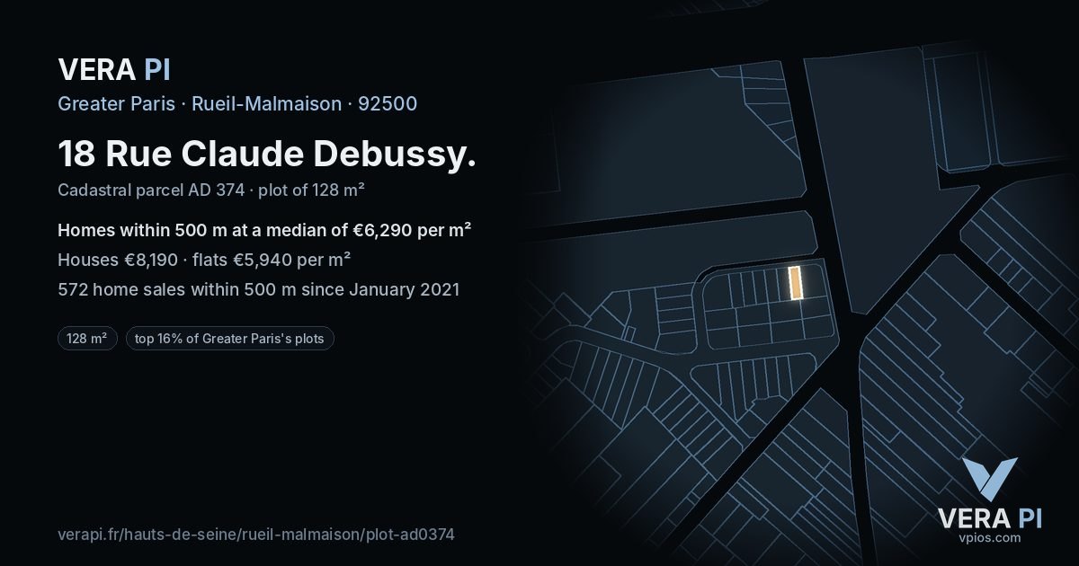 18 Rue Claude Debussy, Rueil-Malmaison at night – the plot lit, the parcels around coloured by the prices near them