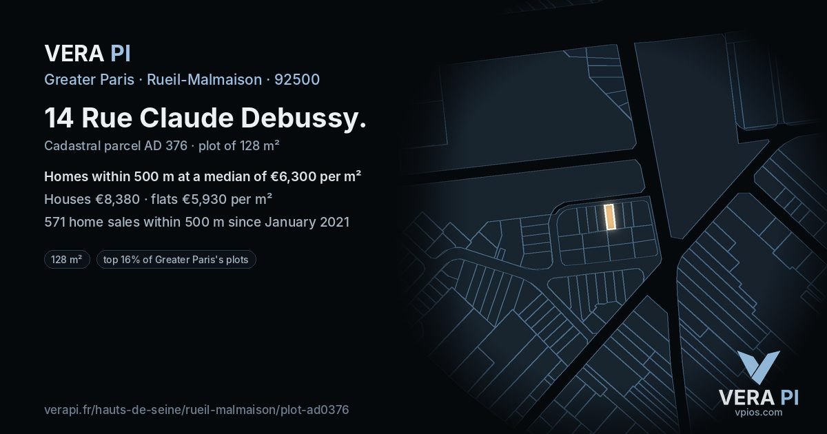 14 Rue Claude Debussy, Rueil-Malmaison at night – the plot lit, the parcels around coloured by the prices near them