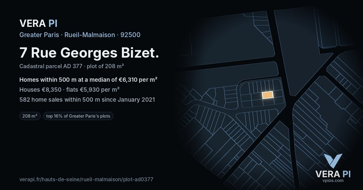7 Rue Georges Bizet, Rueil-Malmaison at night – the plot lit, the parcels around coloured by the prices near them