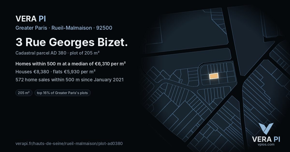 3 Rue Georges Bizet, Rueil-Malmaison at night – the plot lit, the parcels around coloured by the prices near them