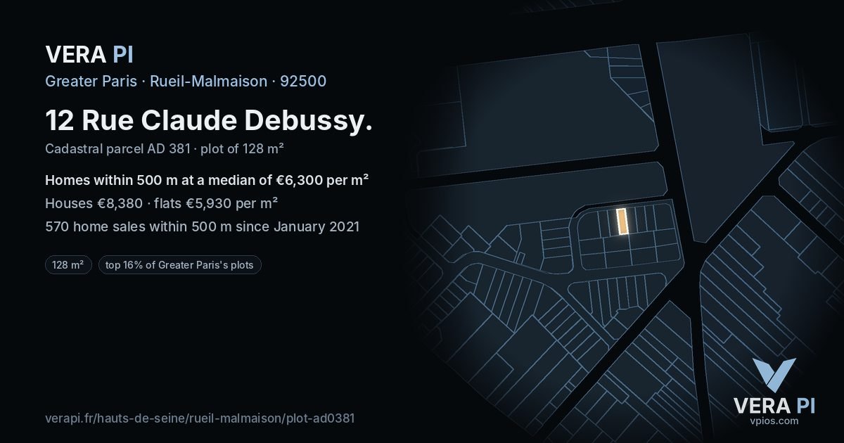 12 Rue Claude Debussy, Rueil-Malmaison at night – the plot lit, the parcels around coloured by the prices near them
