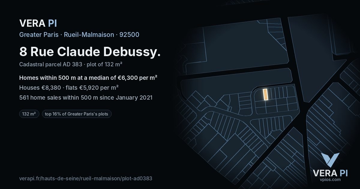 8 Rue Claude Debussy, Rueil-Malmaison at night – the plot lit, the parcels around coloured by the prices near them