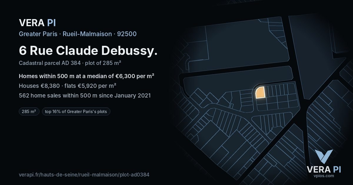 6 Rue Claude Debussy, Rueil-Malmaison at night – the plot lit, the parcels around coloured by the prices near them