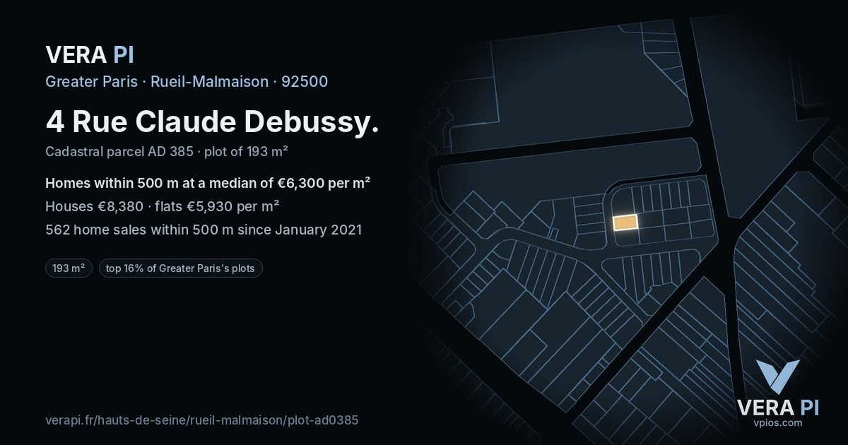 4 Rue Claude Debussy, Rueil-Malmaison at night – the plot lit, the parcels around coloured by the prices near them