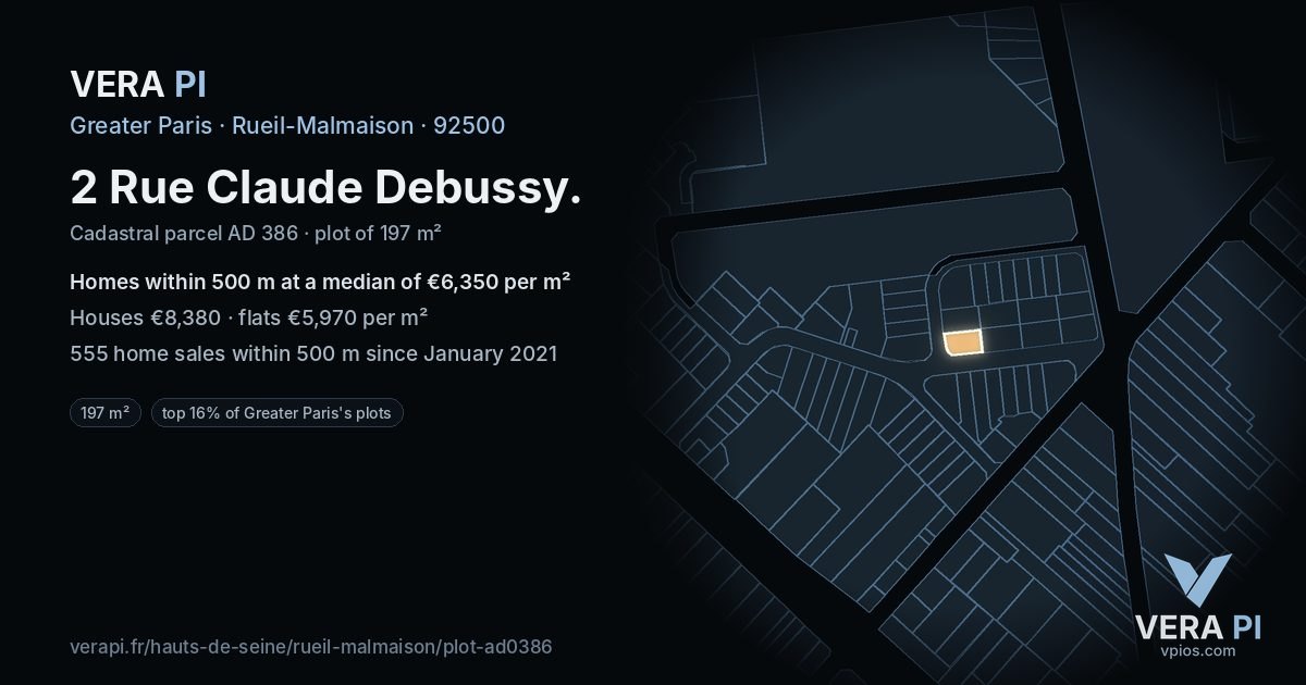 2 Rue Claude Debussy, Rueil-Malmaison at night – the plot lit, the parcels around coloured by the prices near them