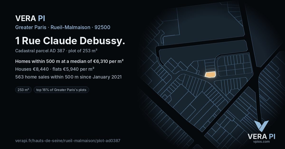 1 Rue Claude Debussy, Rueil-Malmaison at night – the plot lit, the parcels around coloured by the prices near them