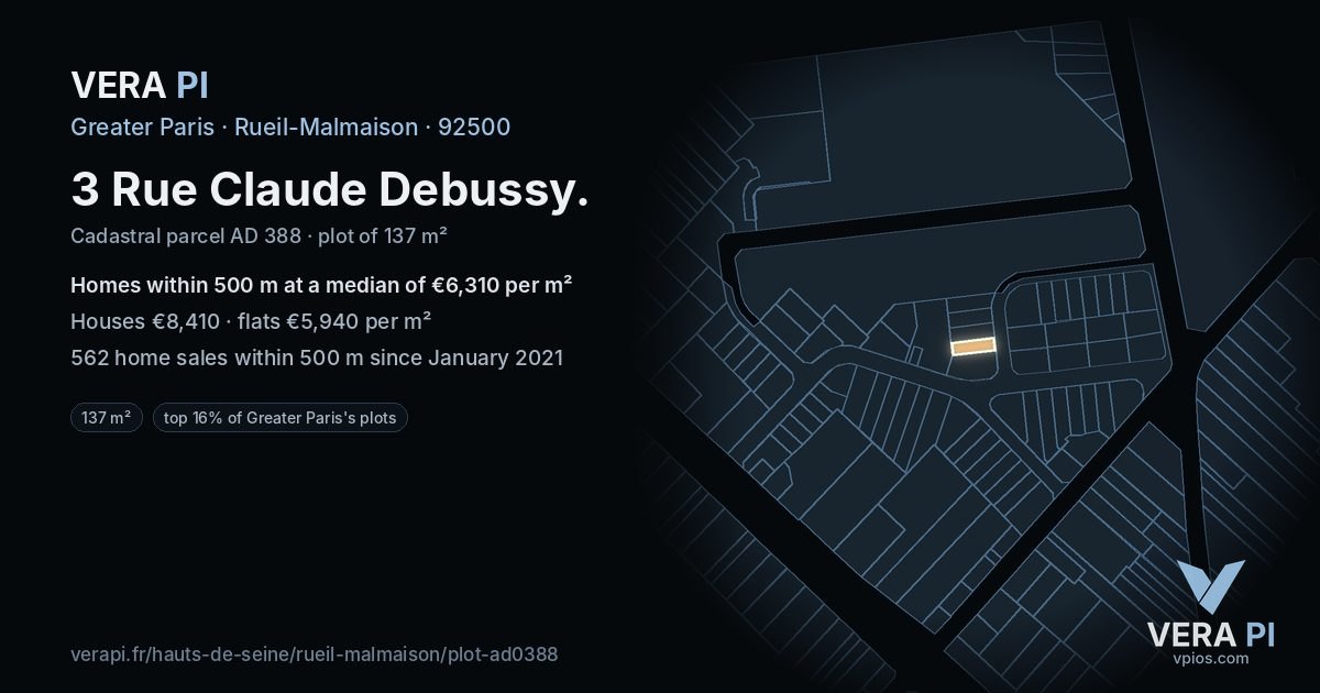 3 Rue Claude Debussy, Rueil-Malmaison at night – the plot lit, the parcels around coloured by the prices near them