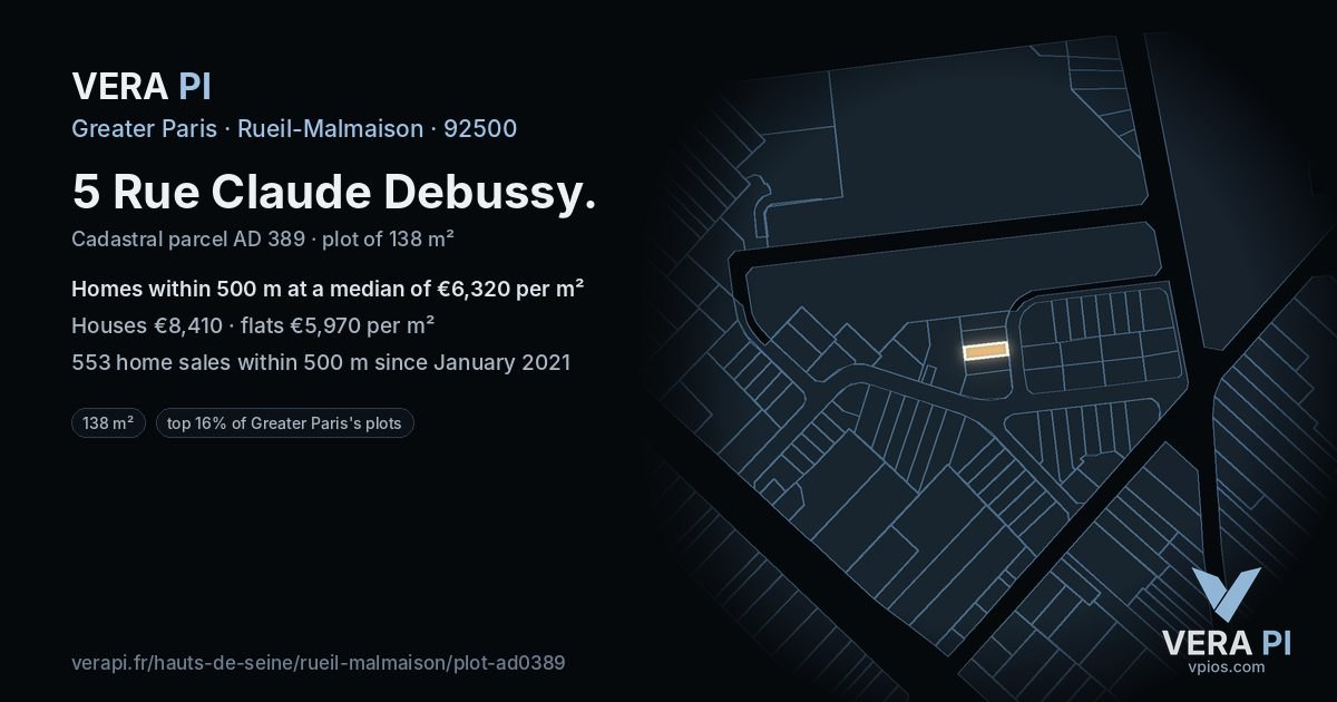 5 Rue Claude Debussy, Rueil-Malmaison at night – the plot lit, the parcels around coloured by the prices near them