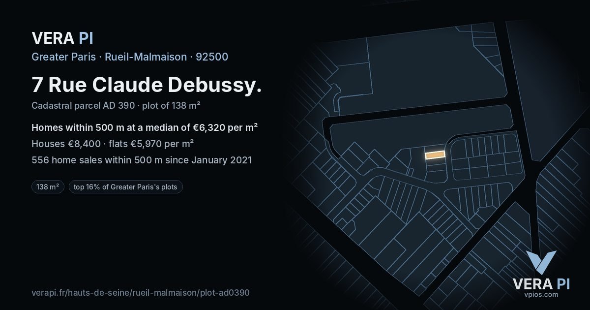 7 Rue Claude Debussy, Rueil-Malmaison at night – the plot lit, the parcels around coloured by the prices near them