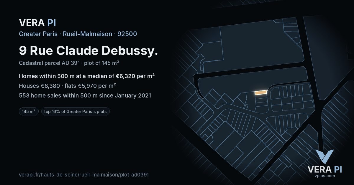 9 Rue Claude Debussy, Rueil-Malmaison at night – the plot lit, the parcels around coloured by the prices near them