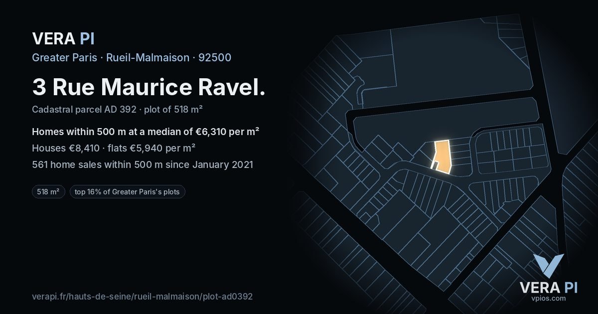 3 Rue Maurice Ravel, Rueil-Malmaison at night – the plot lit, the parcels around coloured by the prices near them