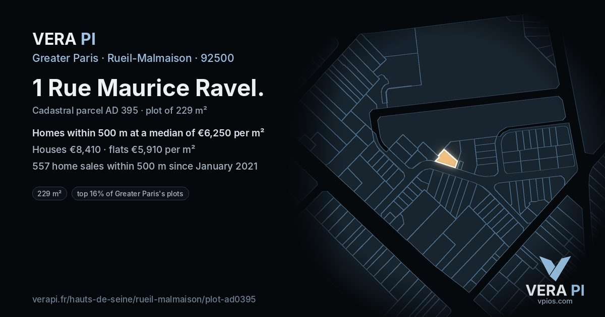 1 Rue Maurice Ravel, Rueil-Malmaison at night – the plot lit, the parcels around coloured by the prices near them