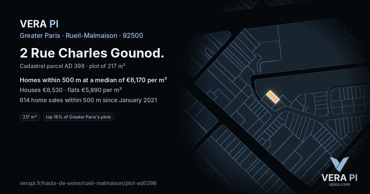2 Rue Charles Gounod, Rueil-Malmaison at night – the plot lit, the parcels around coloured by the prices near them