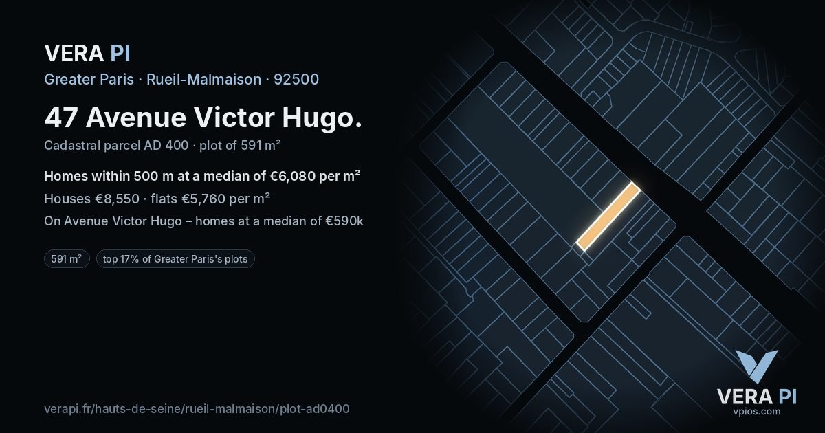 47 Avenue Victor Hugo, Rueil-Malmaison at night – the plot lit, the parcels around coloured by the prices near them