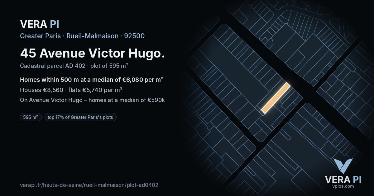 45 Avenue Victor Hugo, Rueil-Malmaison at night – the plot lit, the parcels around coloured by the prices near them