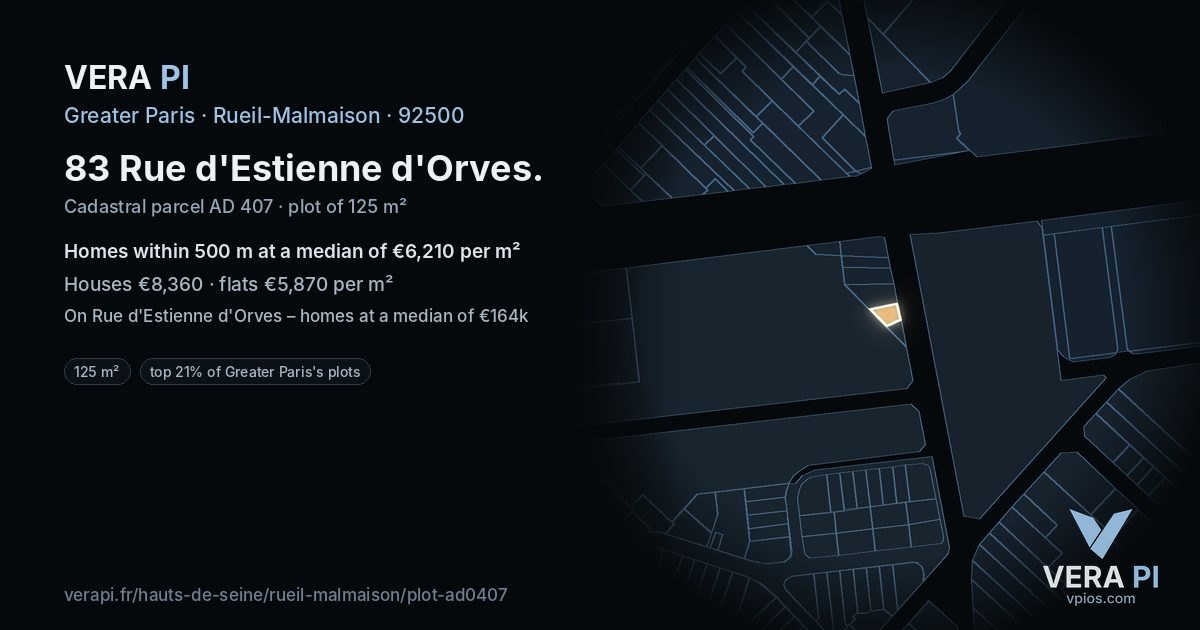 83 Rue d'Estienne d'Orves, Rueil-Malmaison at night – the plot lit, the parcels around coloured by the prices near them