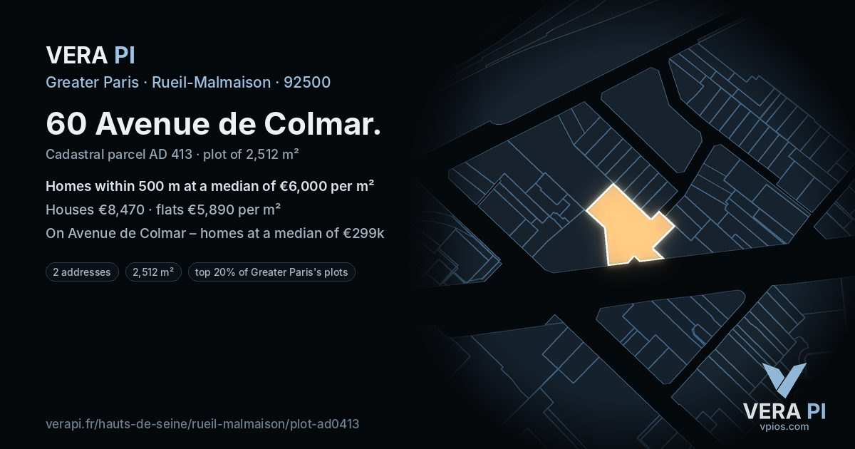60 Avenue de Colmar, Rueil-Malmaison at night – the plot lit, the parcels around coloured by the prices near them