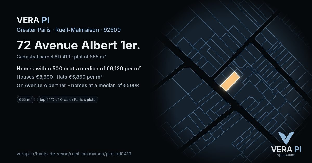 72 Avenue Albert 1er, Rueil-Malmaison at night – the plot lit, the parcels around coloured by the prices near them