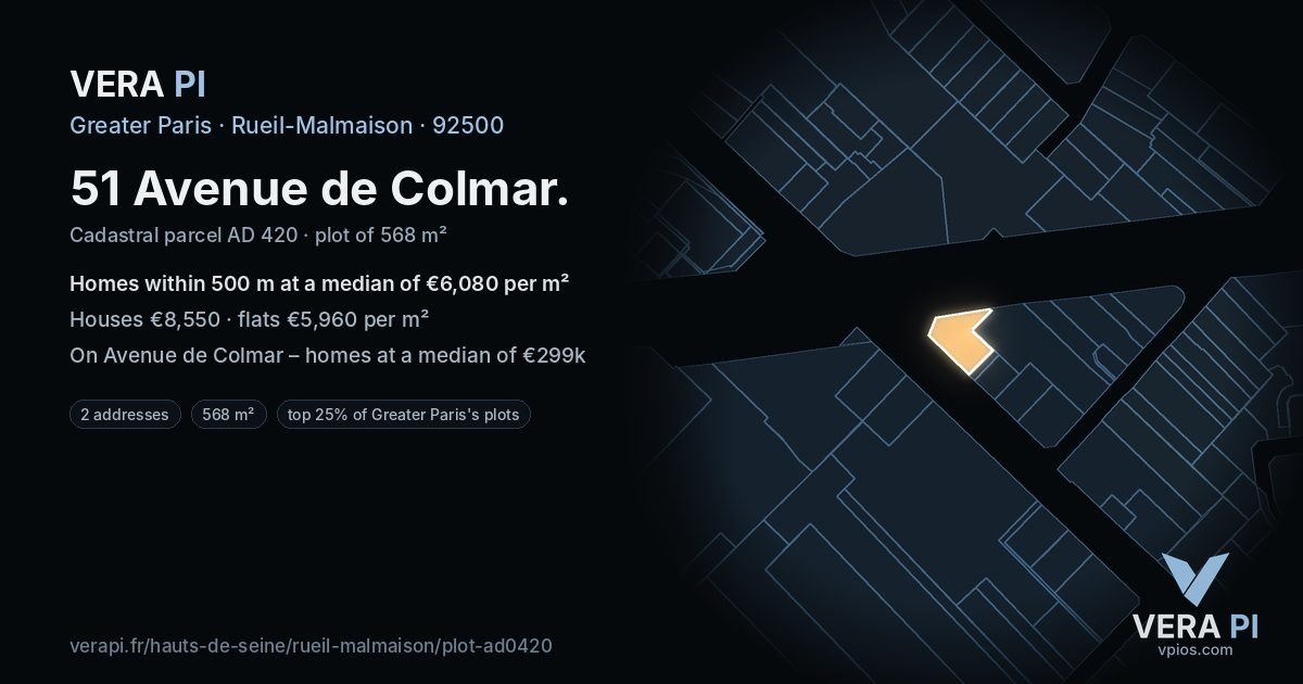 51 Avenue de Colmar, Rueil-Malmaison at night – the plot lit, the parcels around coloured by the prices near them