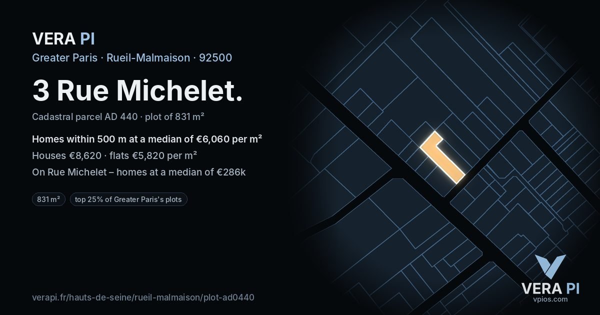 3 Rue Michelet, Rueil-Malmaison at night – the plot lit, the parcels around coloured by the prices near them