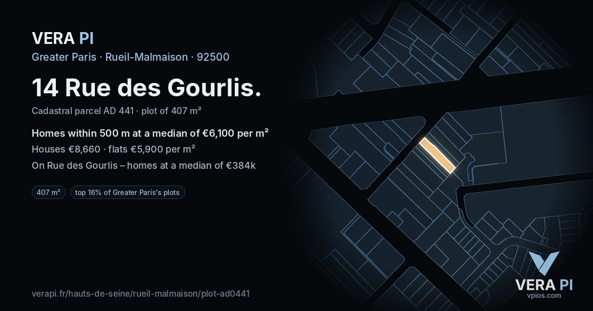 14 Rue des Gourlis, Rueil-Malmaison at night – the plot lit, the parcels around coloured by the prices near them
