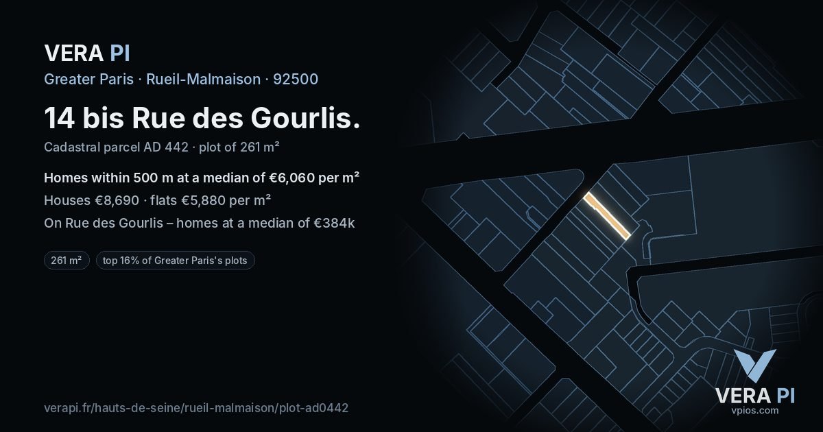 14 bis Rue des Gourlis, Rueil-Malmaison at night – the plot lit, the parcels around coloured by the prices near them