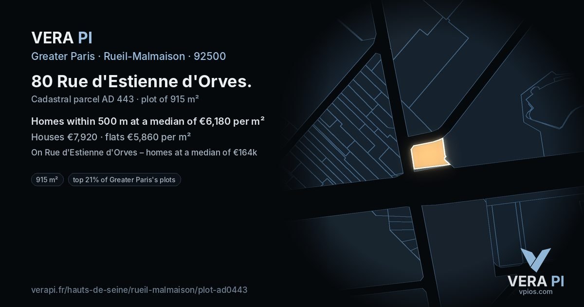 80 Rue d'Estienne d'Orves, Rueil-Malmaison at night – the plot lit, the parcels around coloured by the prices near them