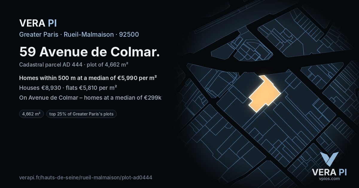59 Avenue de Colmar, Rueil-Malmaison at night – the plot lit, the parcels around coloured by the prices near them