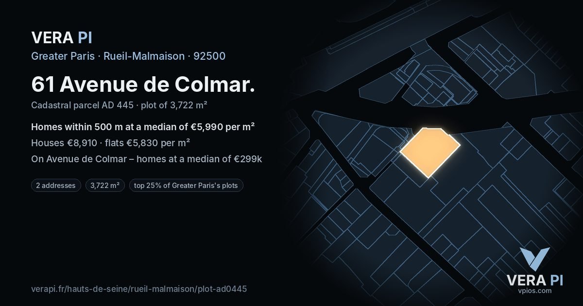 61 Avenue de Colmar, Rueil-Malmaison at night – the plot lit, the parcels around coloured by the prices near them
