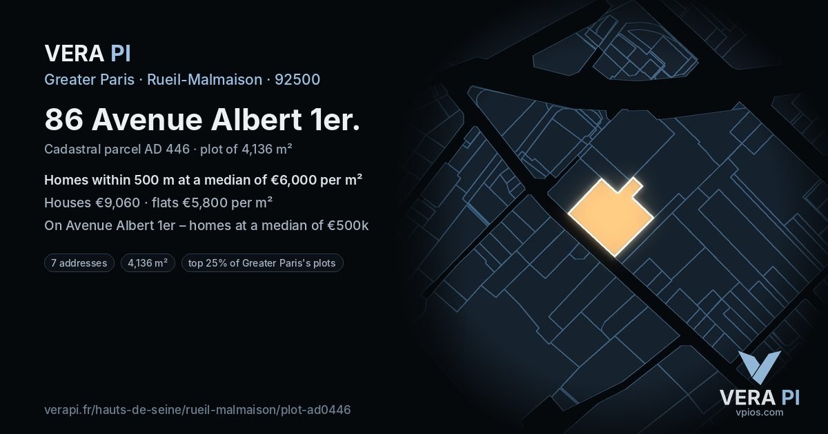 86 Avenue Albert 1er, Rueil-Malmaison at night – the plot lit, the parcels around coloured by the prices near them