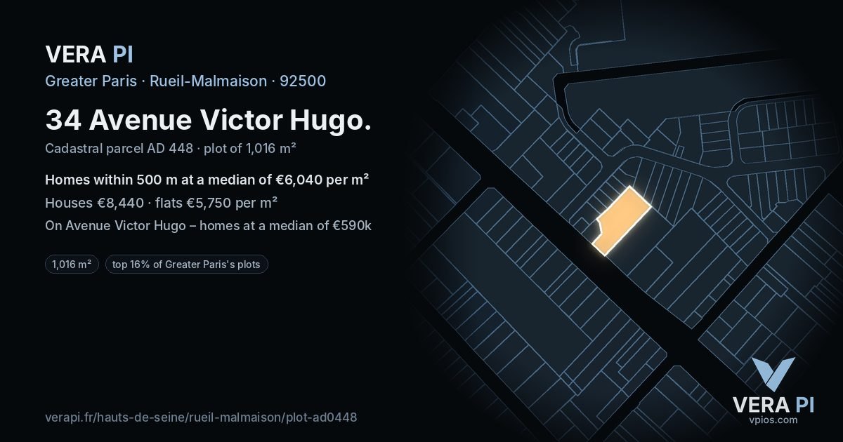 34 Avenue Victor Hugo, Rueil-Malmaison at night – the plot lit, the parcels around coloured by the prices near them