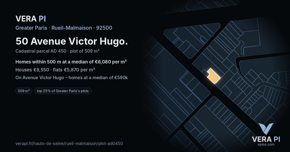 50 Avenue Victor Hugo, Rueil-Malmaison at night – the plot lit, the parcels around coloured by the prices near them