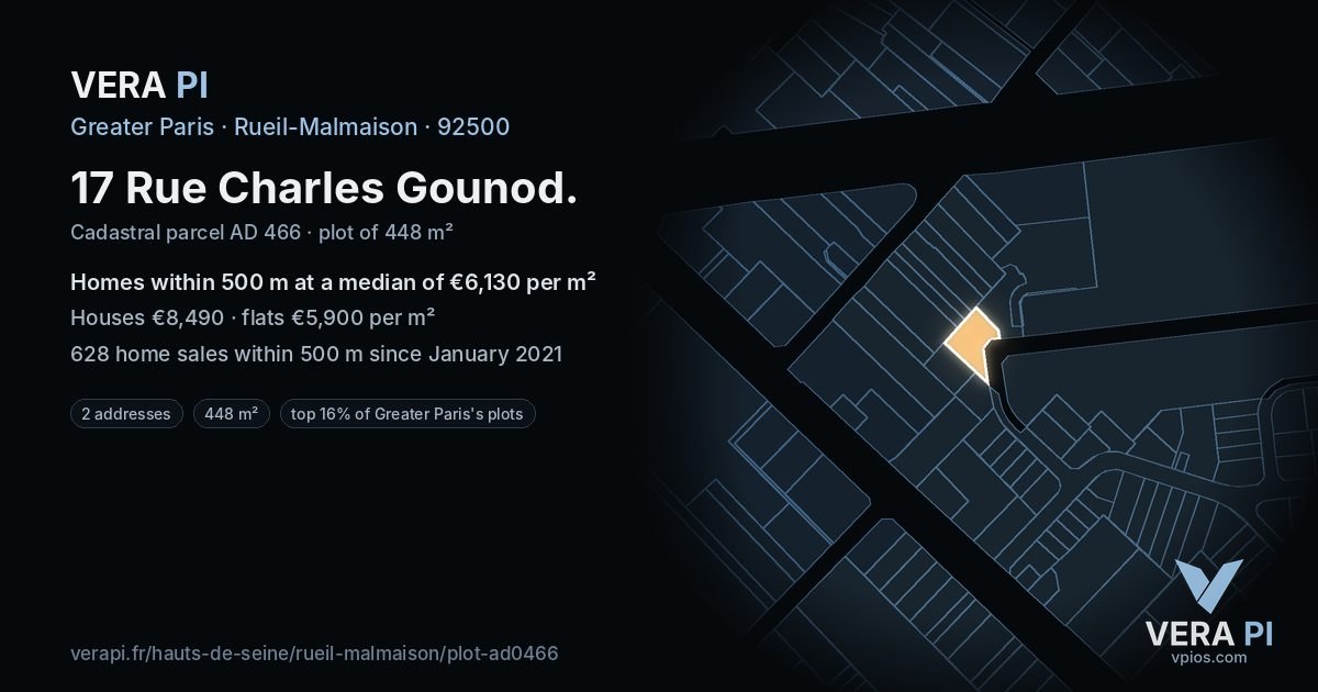 17 Rue Charles Gounod, Rueil-Malmaison at night – the plot lit, the parcels around coloured by the prices near them