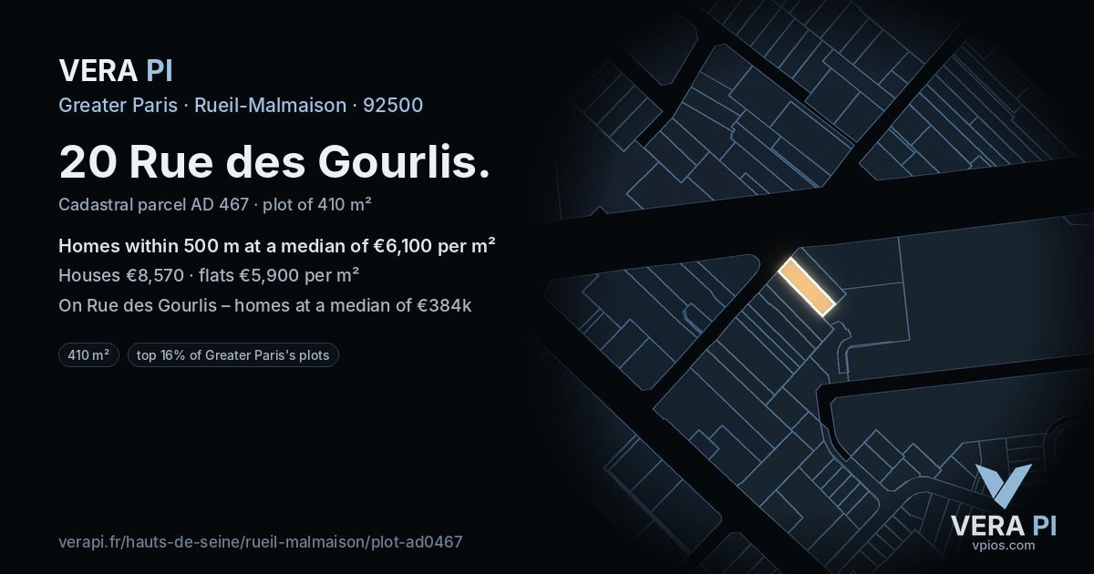 20 Rue des Gourlis, Rueil-Malmaison at night – the plot lit, the parcels around coloured by the prices near them