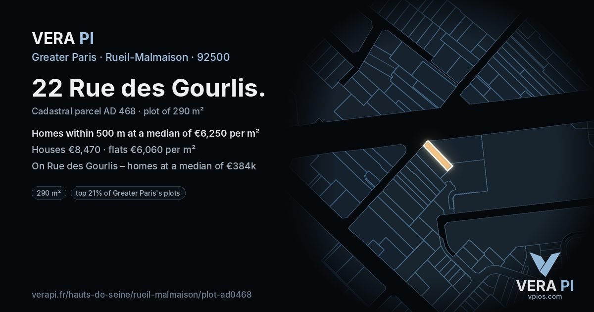 22 Rue des Gourlis, Rueil-Malmaison at night – the plot lit, the parcels around coloured by the prices near them