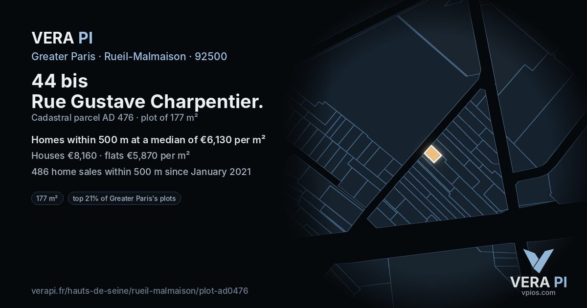 44 bis Rue Gustave Charpentier, Rueil-Malmaison at night – the plot lit, the parcels around coloured by the prices near them