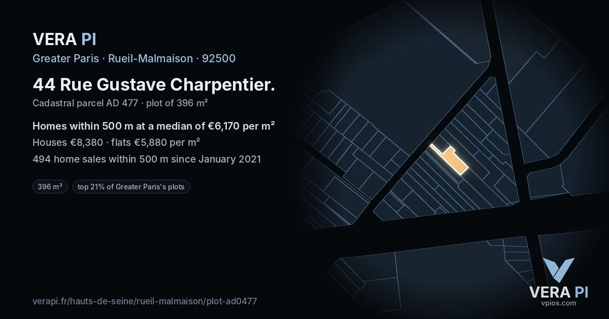 44 Rue Gustave Charpentier, Rueil-Malmaison at night – the plot lit, the parcels around coloured by the prices near them