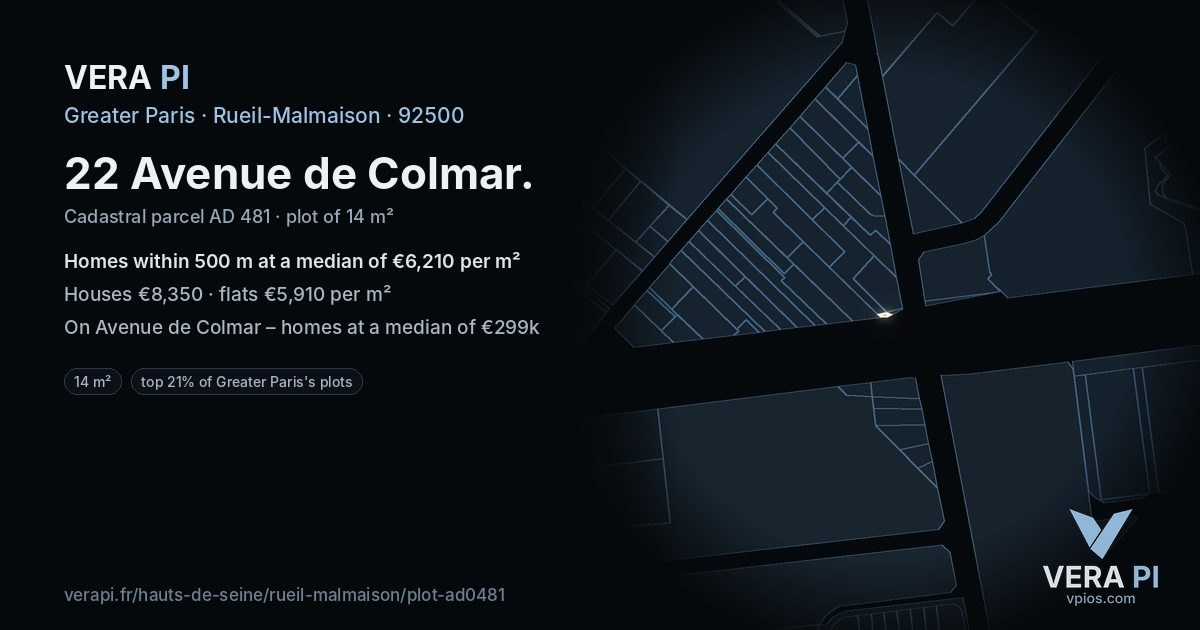 22 Avenue de Colmar, Rueil-Malmaison at night – the plot lit, the parcels around coloured by the prices near them