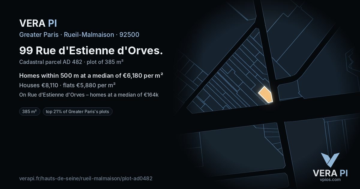 99 Rue d'Estienne d'Orves, Rueil-Malmaison at night – the plot lit, the parcels around coloured by the prices near them