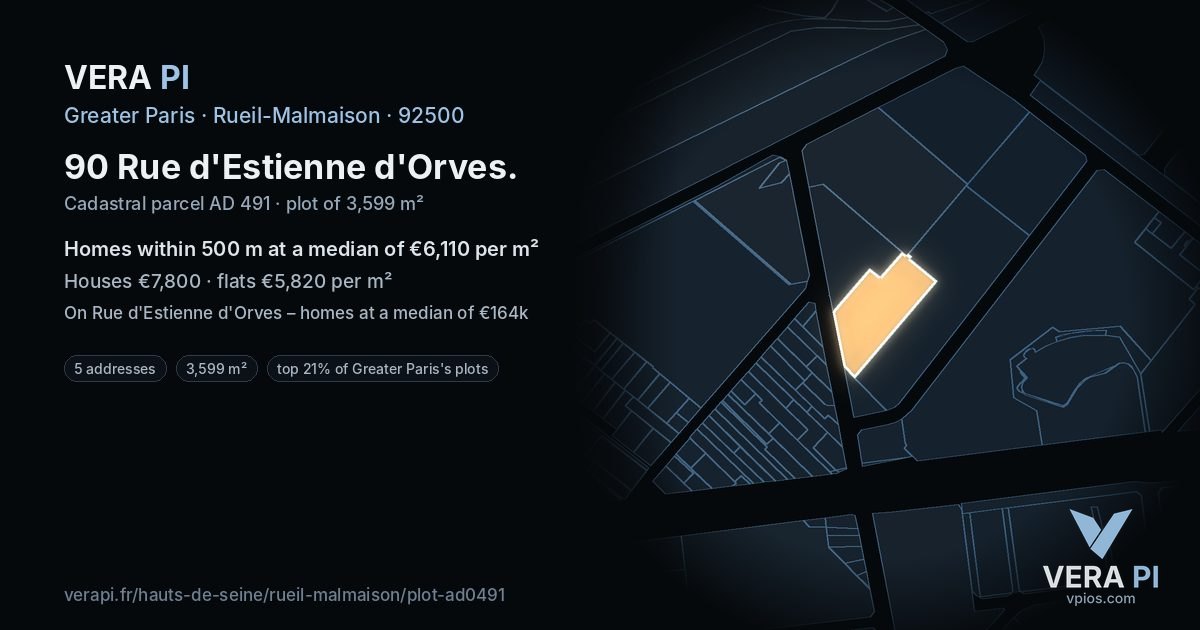 90 Rue d'Estienne d'Orves, Rueil-Malmaison at night – the plot lit, the parcels around coloured by the prices near them