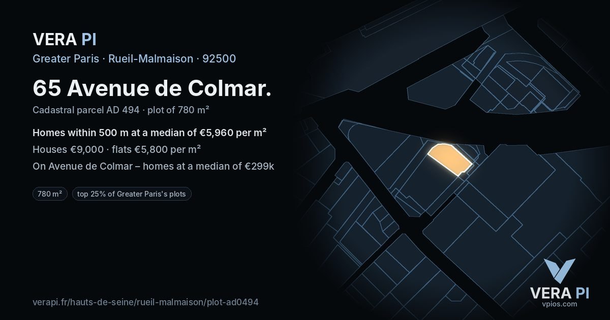 65 Avenue de Colmar, Rueil-Malmaison at night – the plot lit, the parcels around coloured by the prices near them
