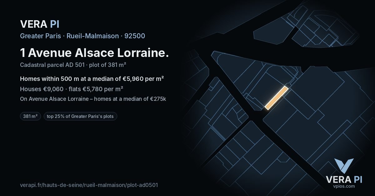 1 Avenue Alsace Lorraine, Rueil-Malmaison at night – the plot lit, the parcels around coloured by the prices near them