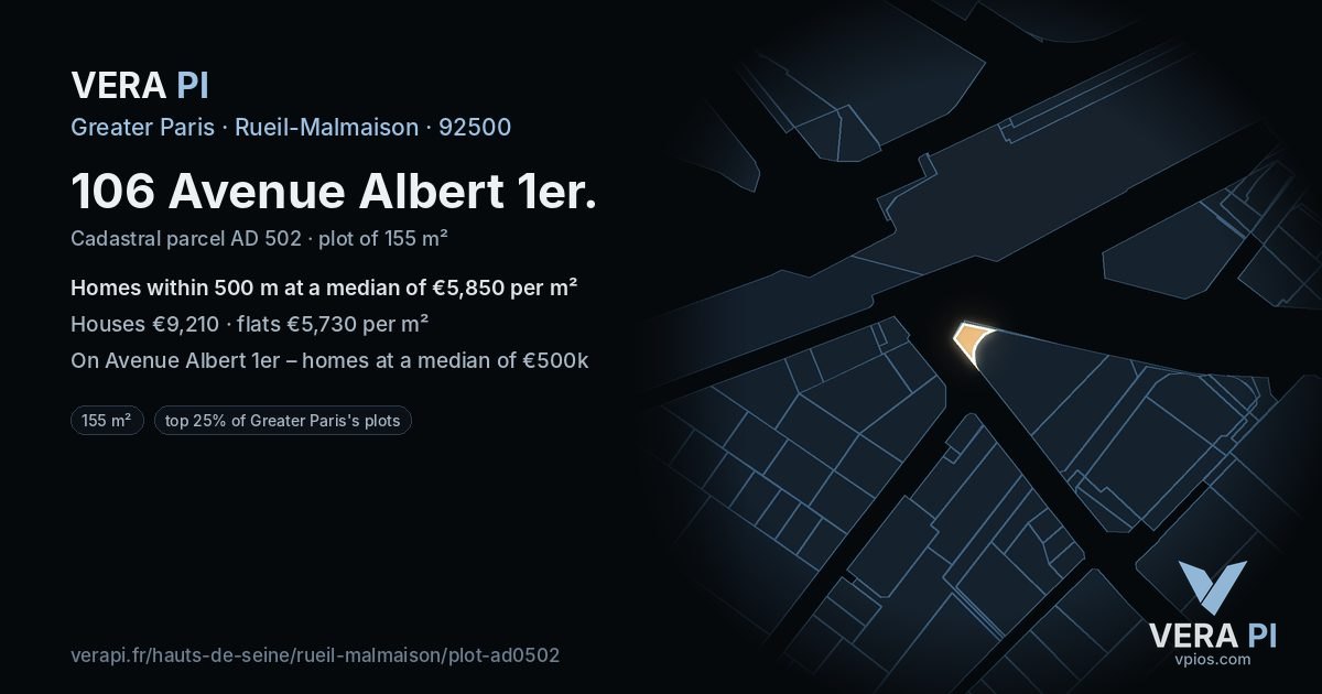 106 Avenue Albert 1er, Rueil-Malmaison at night – the plot lit, the parcels around coloured by the prices near them