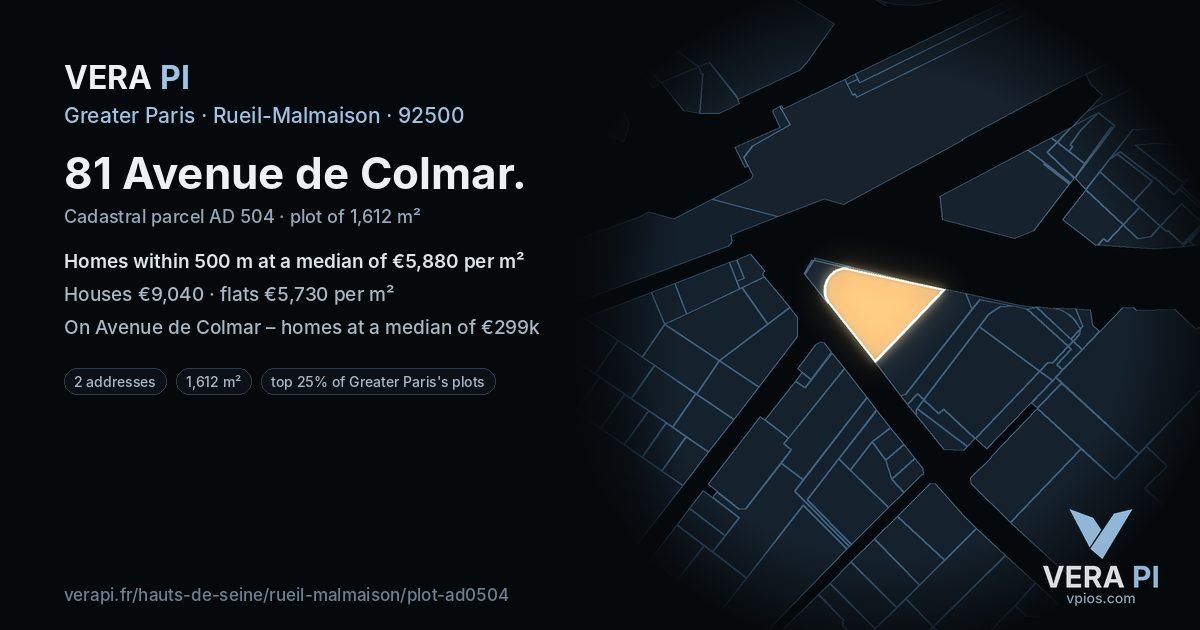 81 Avenue de Colmar, Rueil-Malmaison at night – the plot lit, the parcels around coloured by the prices near them