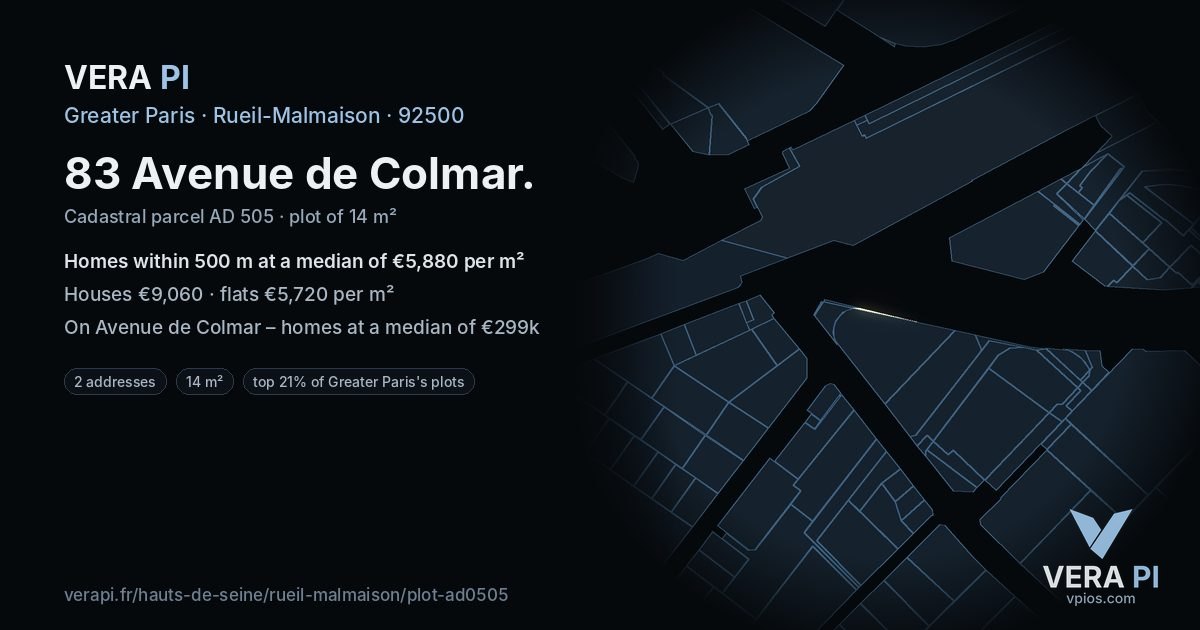 83 Avenue de Colmar, Rueil-Malmaison at night – the plot lit, the parcels around coloured by the prices near them
