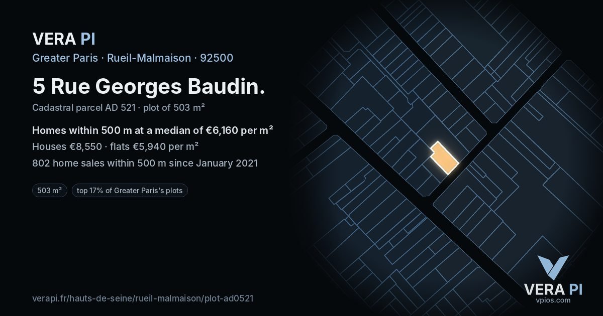 5 Rue Georges Baudin, Rueil-Malmaison at night – the plot lit, the parcels around coloured by the prices near them