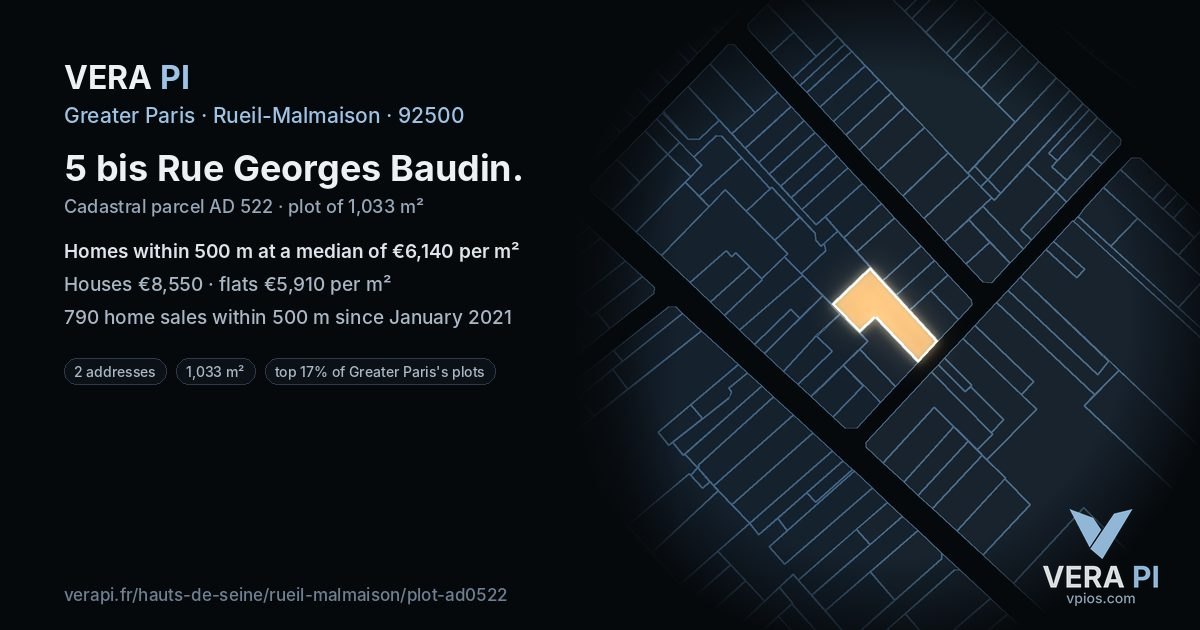 5 bis Rue Georges Baudin, Rueil-Malmaison at night – the plot lit, the parcels around coloured by the prices near them