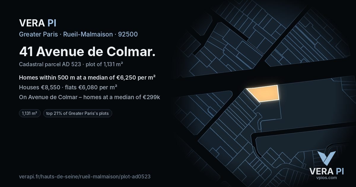 41 Avenue de Colmar, Rueil-Malmaison at night – the plot lit, the parcels around coloured by the prices near them
