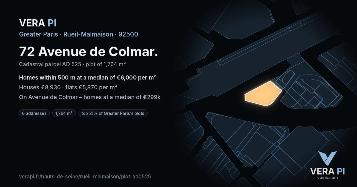 72 Avenue de Colmar, Rueil-Malmaison at night – the plot lit, the parcels around coloured by the prices near them